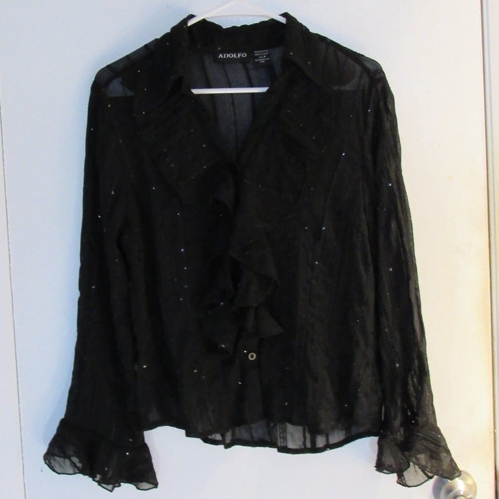 Adolfo Black Sequin Button-up Ruffle Shirt Size M
